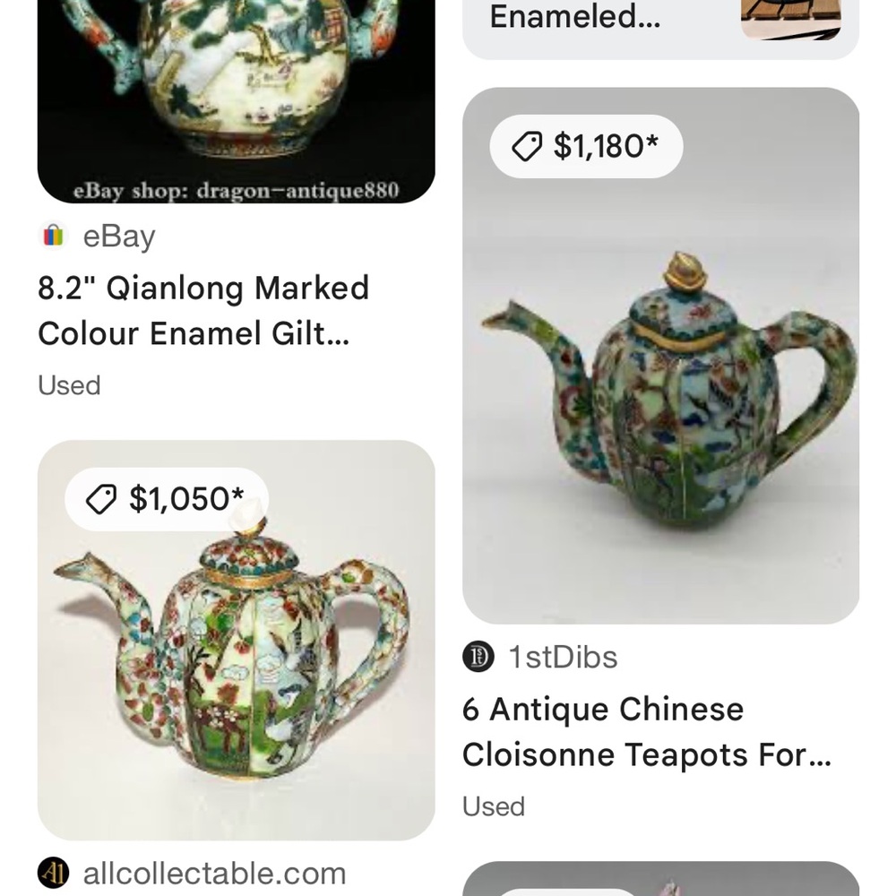 Chinese Vintage asian cloisonne teapot cute kitsch pastel gold gilded miniature
